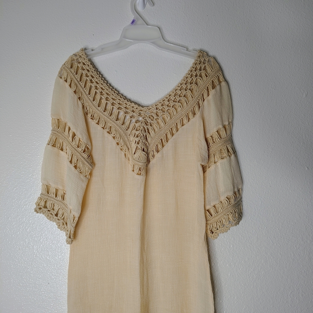 Boho Beige Crochet Mesh Midi Dress Cover Up S/M Solid Neutral Festival Beach - Picture 10 of 15